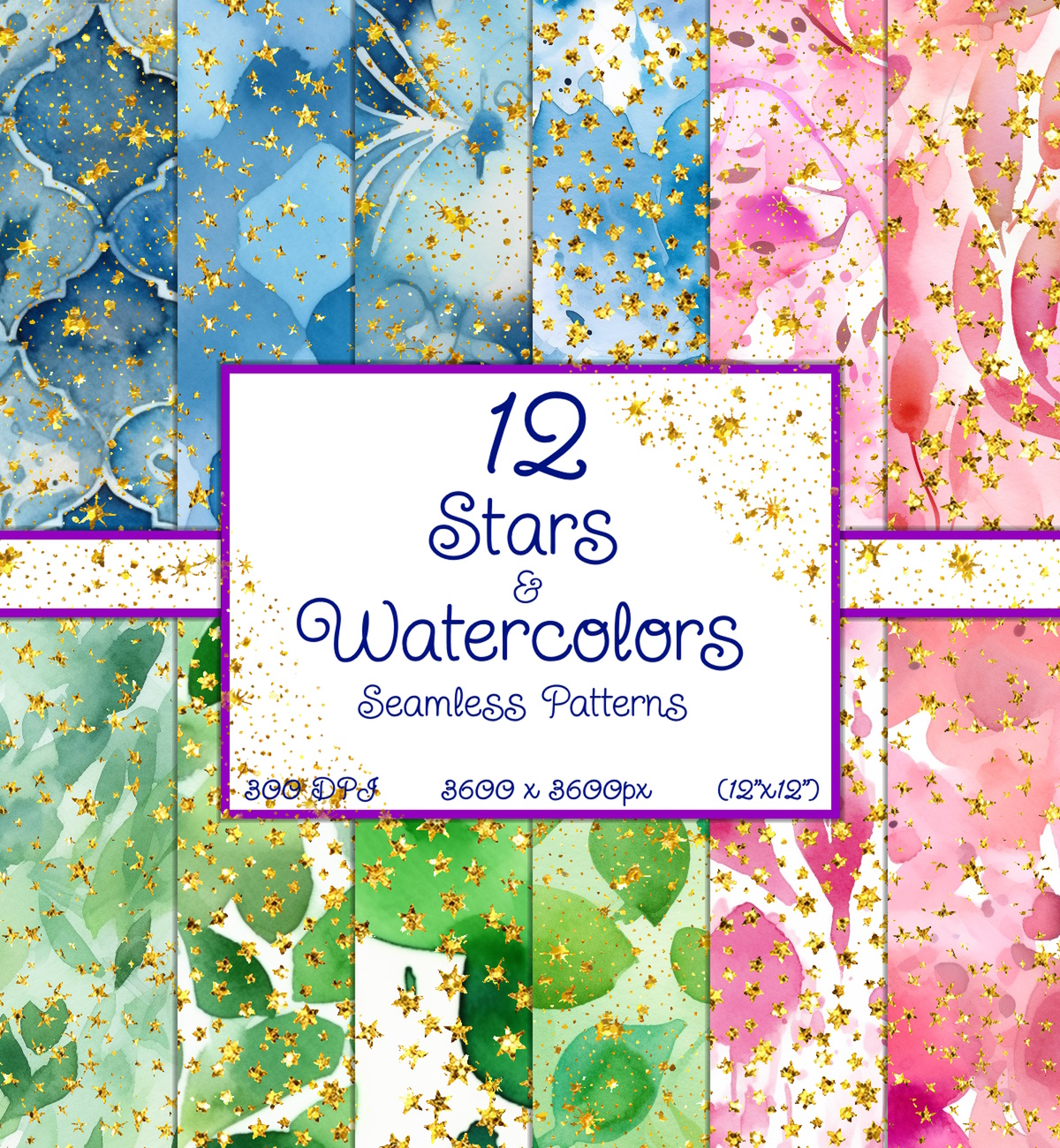 Watercolor Stars Seamless Patterns